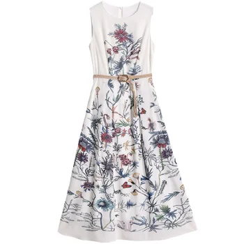 

2020 Women Spring Silk Dresses Long White Flower Beach Dress with belt Women Clothes fast shipment