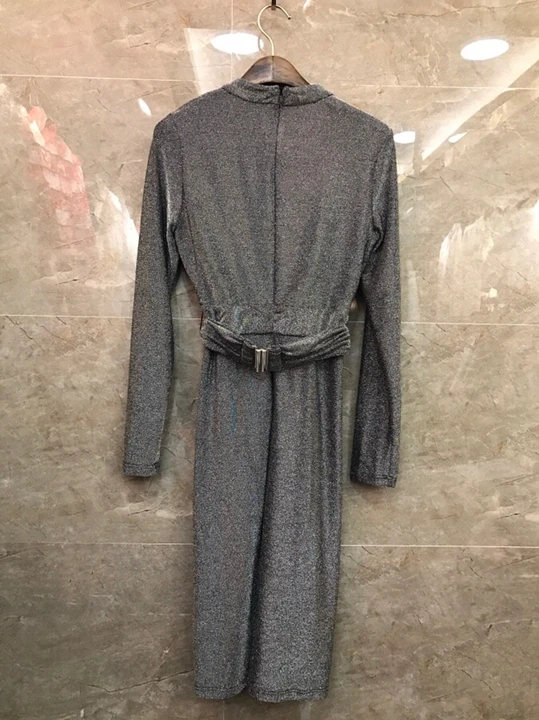 Высококачественное трикотажное платье Весна Осень Зима Vestidos женское трикотажное платье с люрексом и поясом из бисера, тонкое серое черное платье