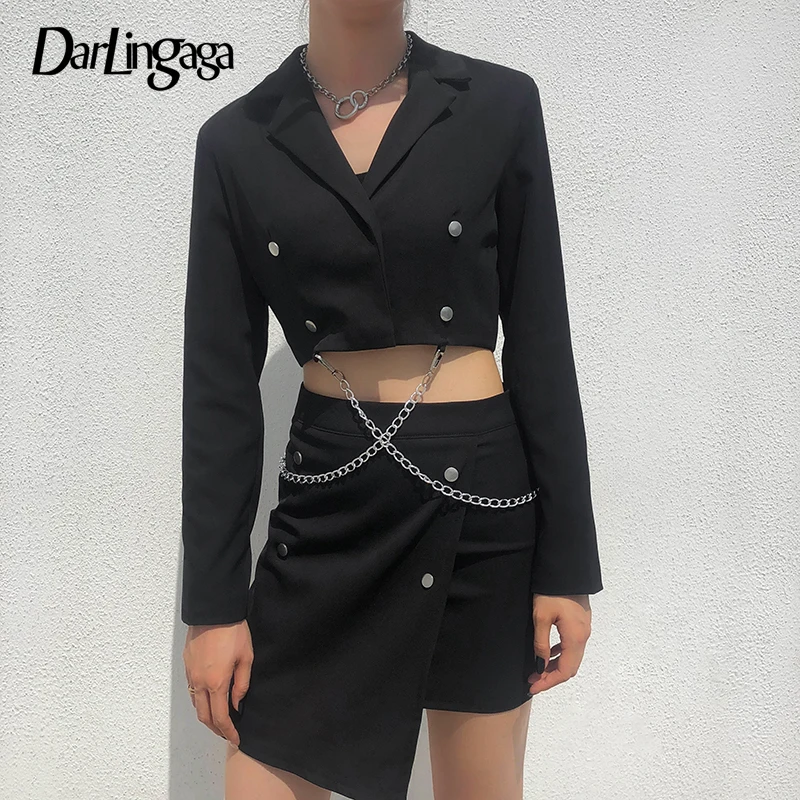 Darlingaga Модный Элегантный комплект из двух предметов, Осенний блейзер с металлической цепочкой, пальто и асимметричная юбка, одинаковые комплекты, женский костюм, куртка