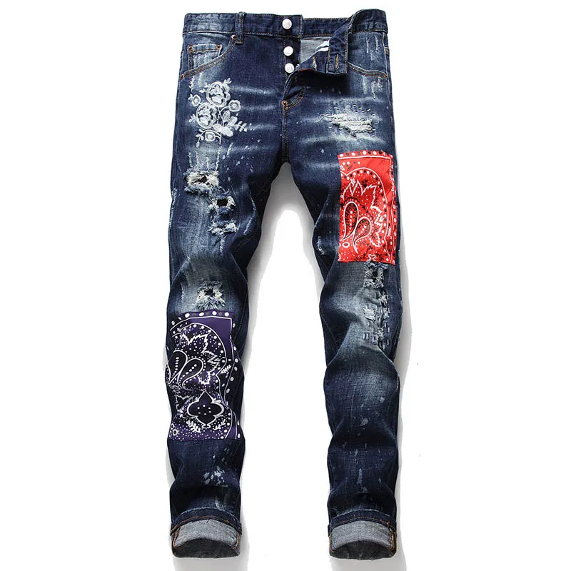 KIOVNO Fashion Men Ripped Distressed Denim Trousers Punk Style Badge Patchwork Jeans Pants Male Streetwear Straight | Мужская одежда