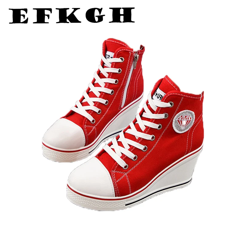 2019 ботинки на высокой танкетке молнии женская повседневная обувь парусиновая с