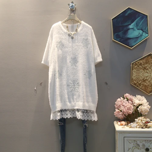 white DMY2492 XITAO, весеннее Новое Женское платье размера плюс, вязанные кружевные платья, корейский стиль, короткий рукав, снежинка, женская одежда DMY2492 - Цвет: white DMY2492