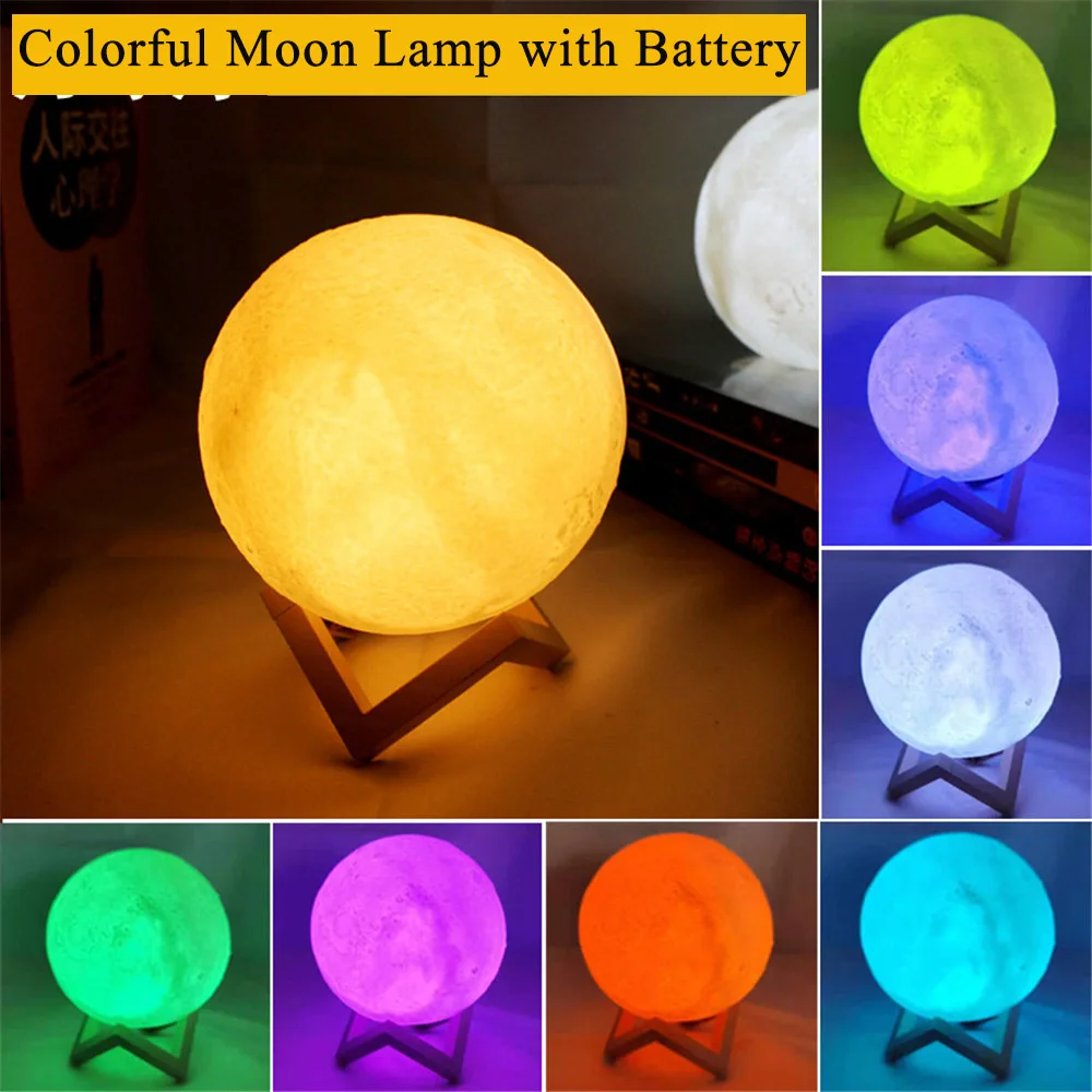 LED Night Light 3D Print Moon Lamp 14CM Battery Powered With Stand Starry Lamp 7 Color Bedroom Decor Night Lights Kids Gift childrens night lights Night Lights