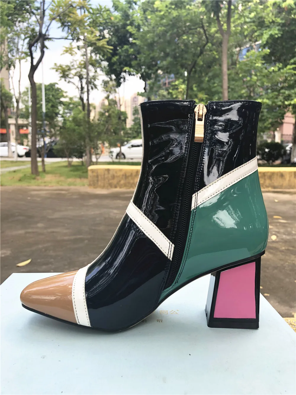 short boots apricot Prova Perfetto женские сапоги до колена; Разноцветные сапоги из лакированной кожи для женщин; сапоги с квадратным носком для подиума; женские сапоги на высоком каблуке - Цвет: short boots apricot
