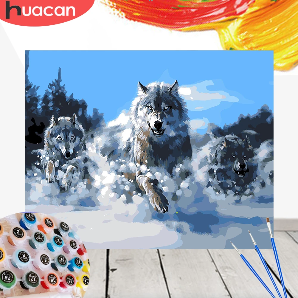 

HUACAN Oil Painting By Numbers Wolf Animals Kits Drawing Canvas Winter Hand Painted Home Decor DIY Pictures By Numbers