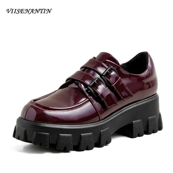 

British Style Small Leather Shoes Women New Spring Belt Buckle Platform Platform Patent Leather Deep Mouth Women Single Pumps