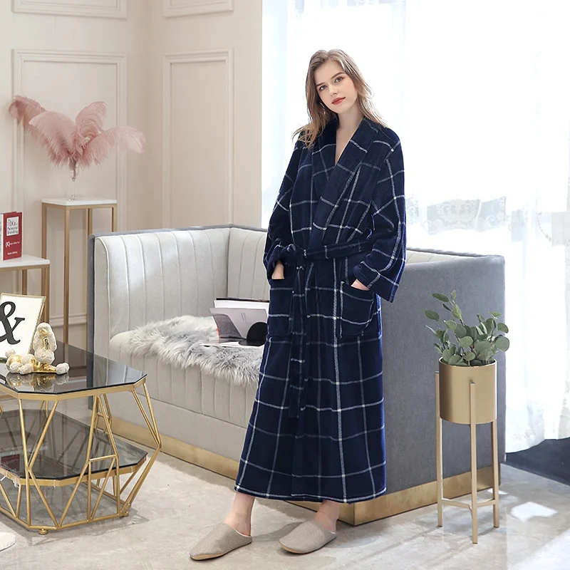 Autumn And Winter Robe Solid Color Lace-up Flannel Couple Nightgown Pocket Long Home Robe