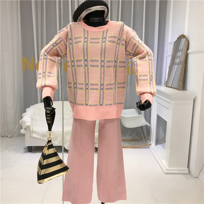 ALPHALMODA Свободная кофта в шотландскую клетку+ широкие брюки, Женский Повседневный вязаный костюм из 2 предметов, зимняя модная одежда