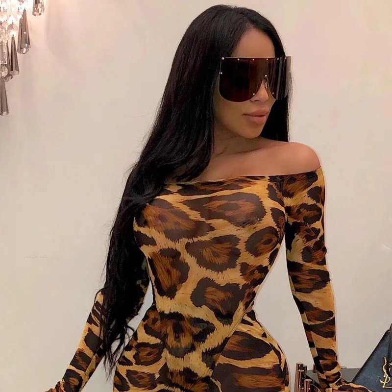 CHRLEISURE Women Jumpsuit One-piece Trumpet Sleeves Word Collar Sexy Leopard Slim Body Tight Autumn Joint Slim