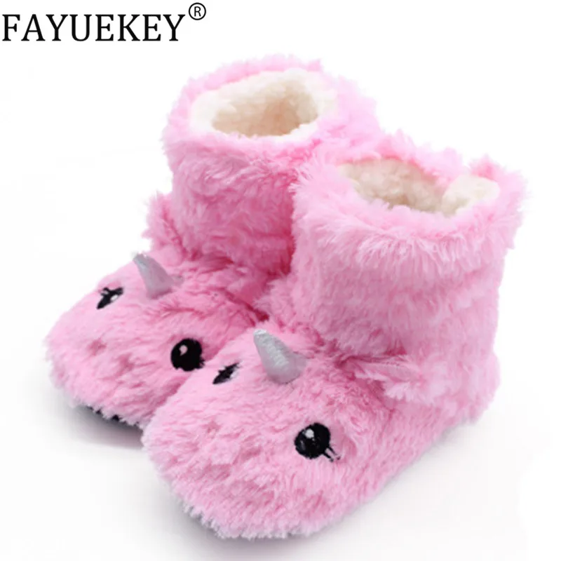 Kids Unicorn Slippers Girls Baby Home Slippers Winter Warm Plush Cute Cartoon Animal Pantuflas Unicornio Non-slip Faux Fur Shoes