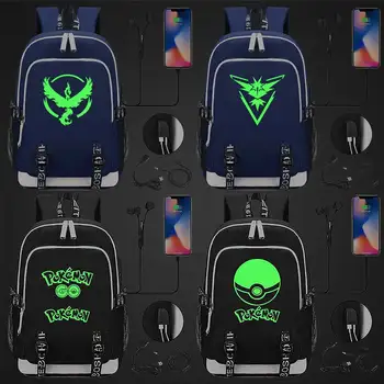 

Green Luminous Fashion Cute Cartoon Pokemon Pikachu USB Boy Girl Book School bag Women Teenagers Men Laptop Backpack Packsack