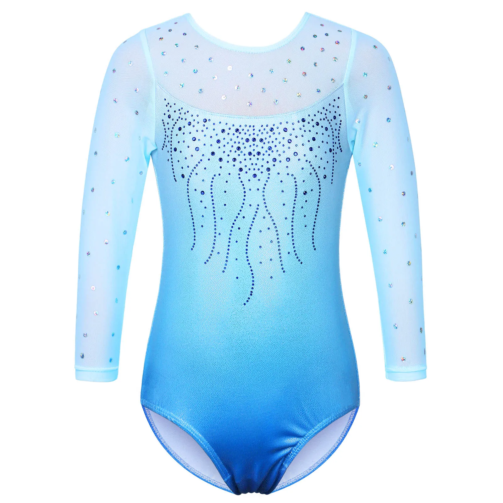Blue Long Sleeves Gradient Gymnastics Leotard Girl Sparkle Bodysuits Ballet 