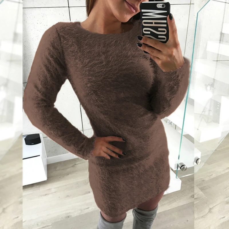 

Women's Dress Ladies Party Winter Long Sleeve Casual Solid Color Slim Warm Fashion Dress Evening Autumn