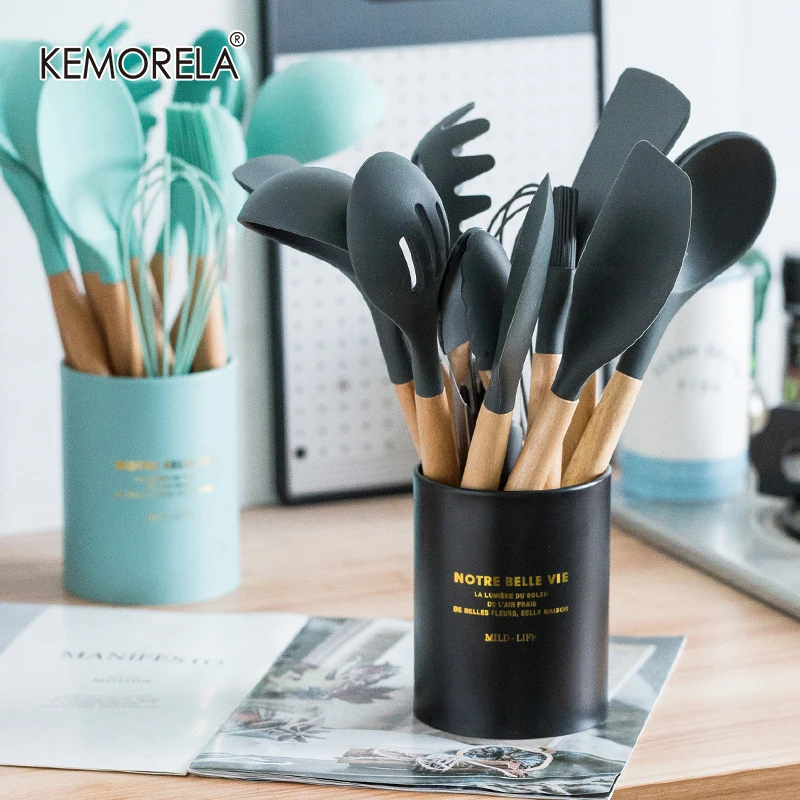 12/13 Silicone Cooking Utensils Wooden Handle Non-Stick Kitchen Set Cooking Tools Accessories With Stainless Steel Storage Box