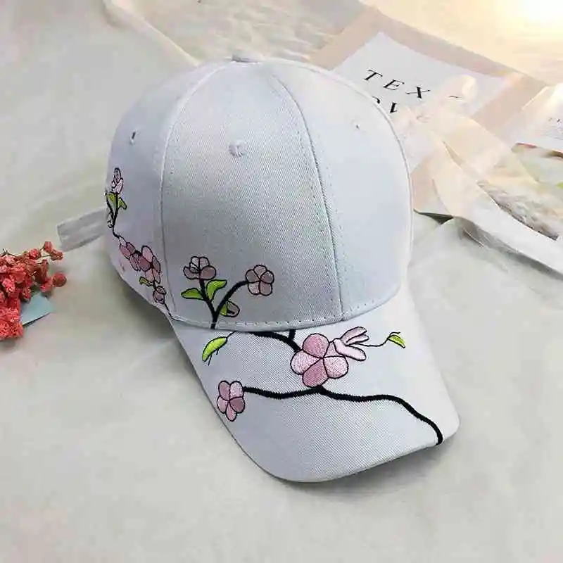 JK Korean Flower Embroidery Baseball Caps Women Girl Cute Plum Outdoor Long Brim Sun Visor Hats Cotton Adjustable Sports Cap