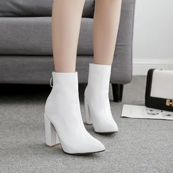 

2019 New Women's High Heels boots Pu Shoes woman Pointed Toe Solid Color Rear zipper Leisure Women's Winter boots Size 35-42
