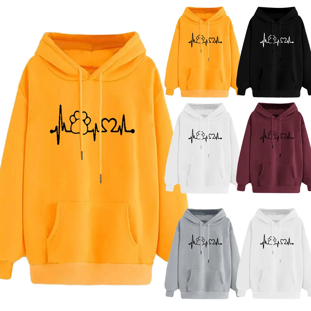 JAYCOSIN Fashion Women Dog Claw Heart Shape Sweatshirt Casual Simple Loose Solid Color Hoodie Comfortable Soft Pullove Tops