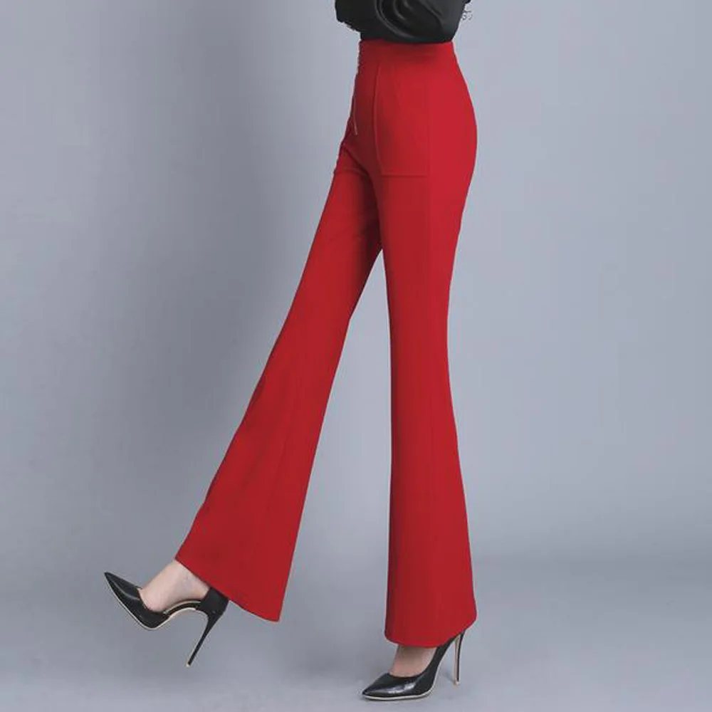 Размера плюс, женские брюки-клеш Офисные женские туфли Стиль Повседневная обувь Высокая талия стрейч колокол складывающаяся штанга микрофона брюки Бизнес дизайн красные расклешенные брюки