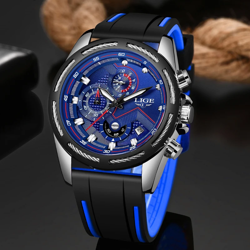

2019 LIGE Men's Chronograph Analog Quartz Watch with Date, Luminous Hands, Waterproof Silicone Rubber Strap Wristswatch for Man