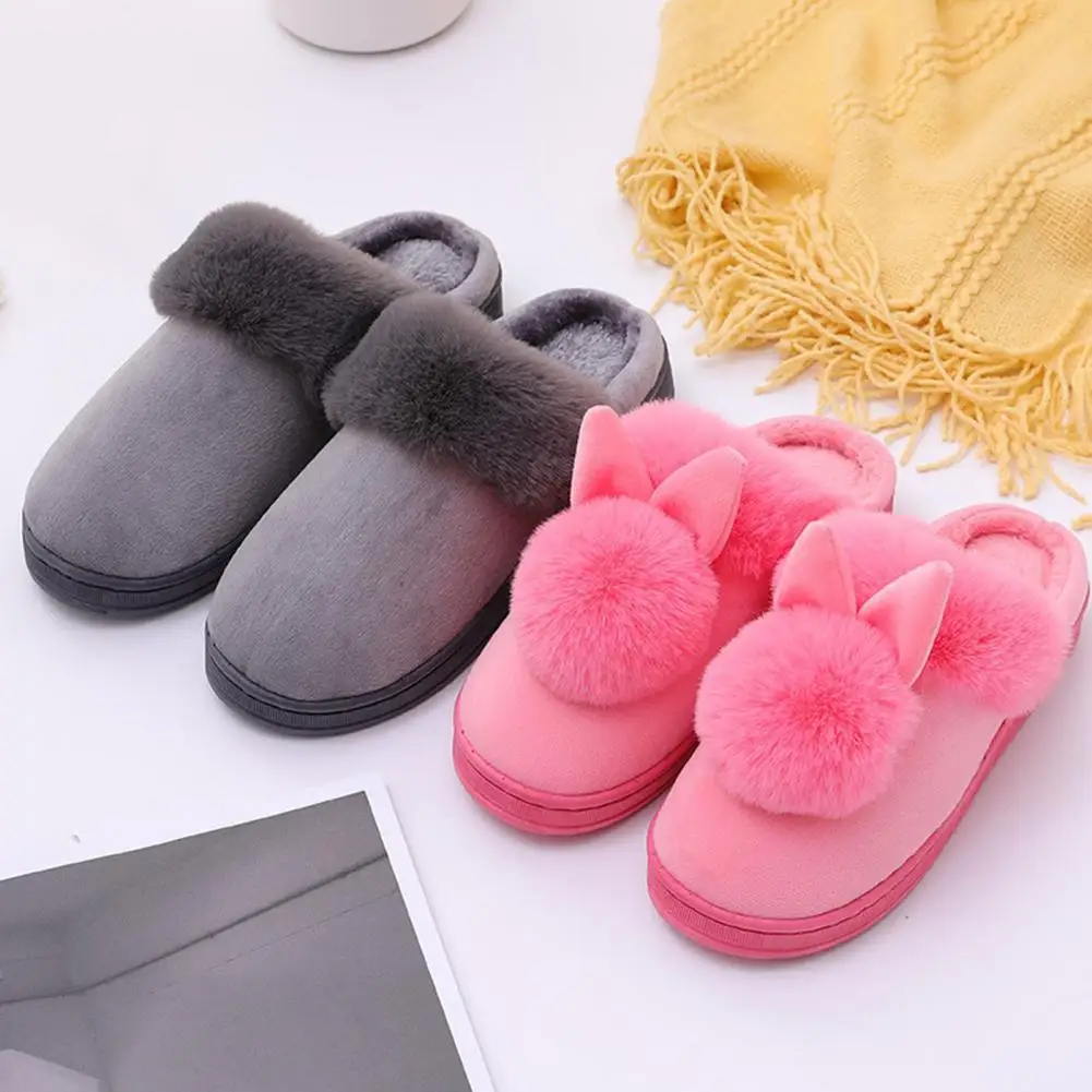 

Wear-resistant Cotton Slippers Thick Bottom Round Toe Popular Women Slip-on Rabbit Ear Flat House Slippers