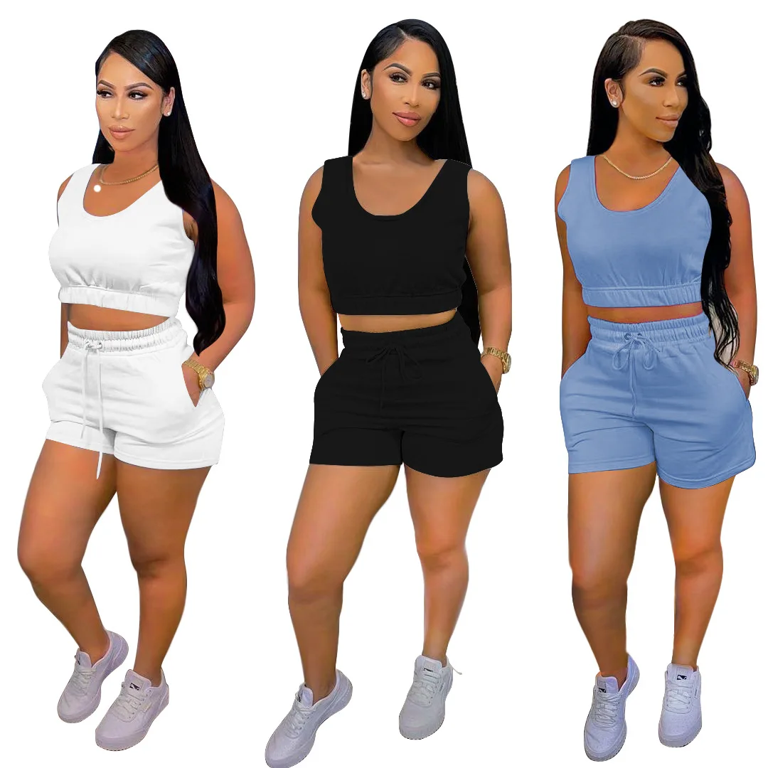 Europe And The United States Womens Sports Suit Fashion Sleeveless Vest + Shorts Leisure Suit 2021 Summer New Sexy Two-piece Set