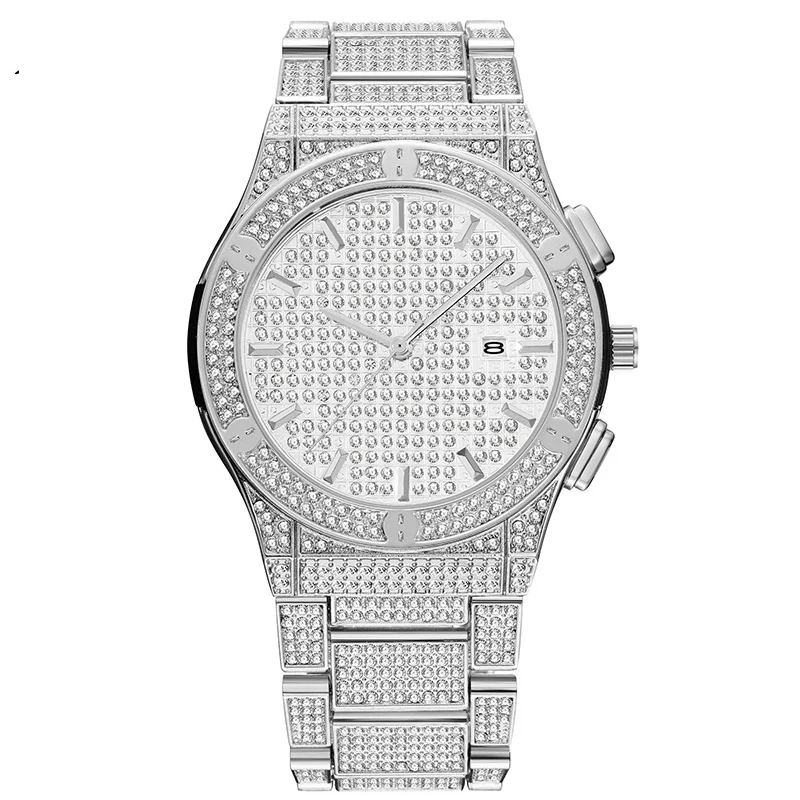 dropship ice out full diamond watch for men gold silver stainless steel band mens quartz watches business watches hip hop male clock waterproof 18K gold plated  2020 (1)