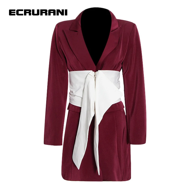 Повседневный Женский блейзер ECRURANI с цветными вставками, пиджак с длинными рукавами и присборенной талией, повседневные темпераментные блейзеры, женская одежда 2021