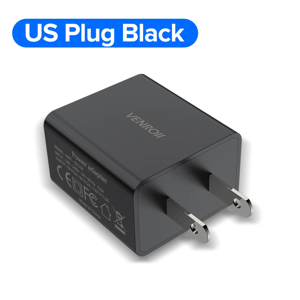 Venroii USB зарядное устройство 5V3A Qualcomm Quick Charge QC3.0 портативный мобильный телефон быстрое зарядное устройство для iPhone X 11 для samsung Xiaomi Redmi - Тип штекера: Black US