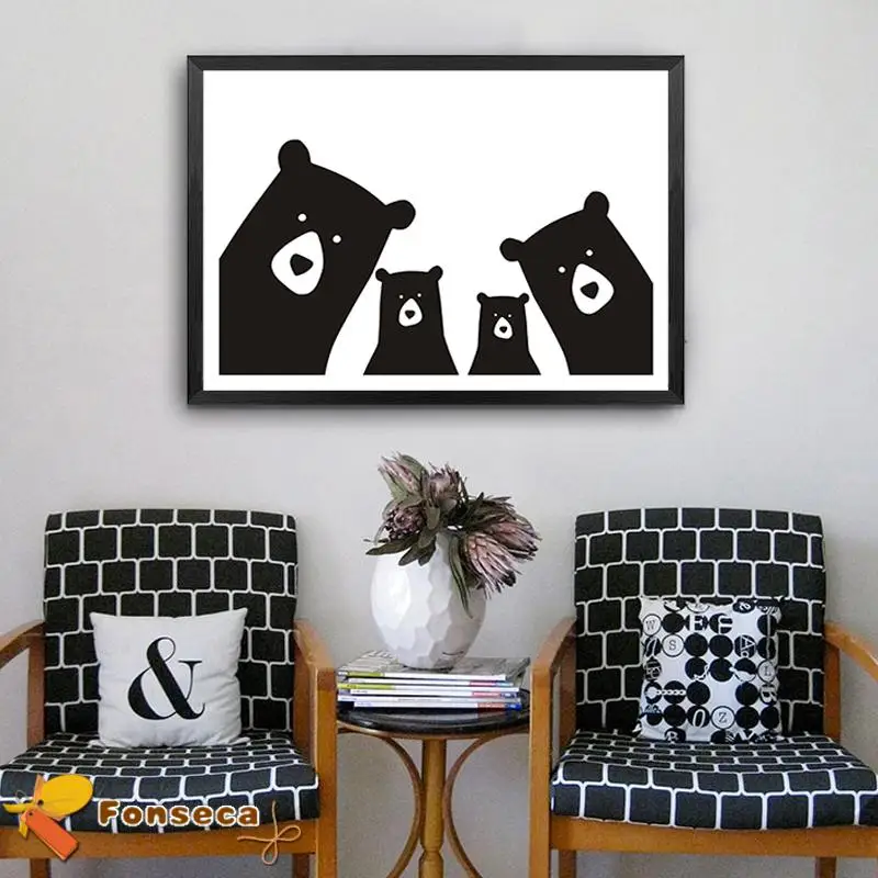 Cartoon Cute Bear Family Canvas Painting Black White Animal Poster and Print Nordic Wall Art Picture for Nursery Kids Room Decor | Дом и сад