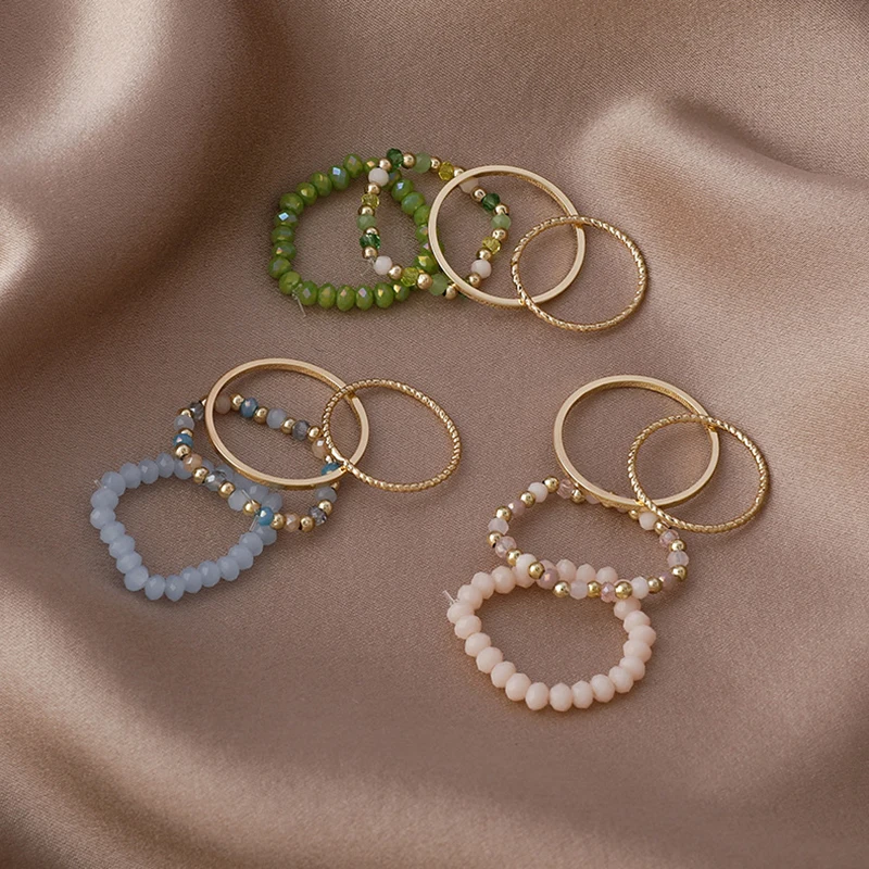 4PCS Women’s Ring Summer Crystal Beaded Vintage Rings Set New Korean Women Jewelry Temperament Accessories Sweet Aesthetic Gift