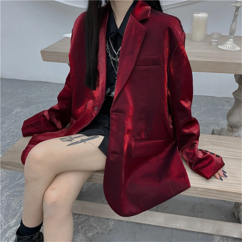 

2020 Autumn New Bright Silk Blazers Female Harajuke Stylish Loose Jacket Women Notched Single Breasted Blazer