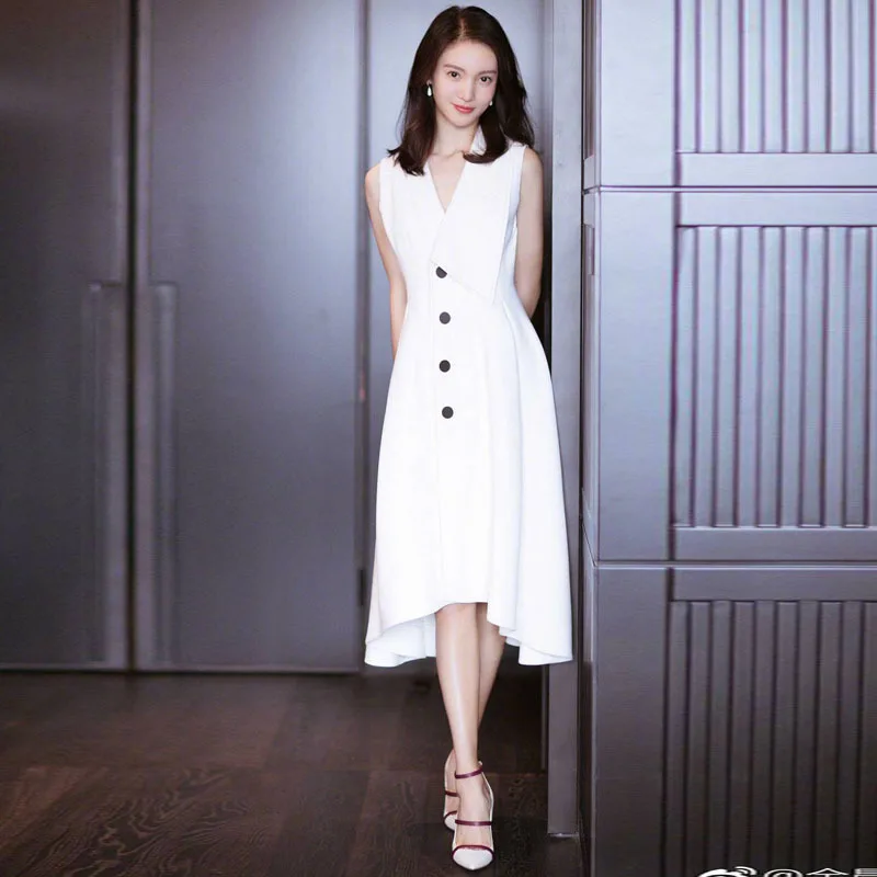 

New star same solid color suit collar sleeveless three dimensional tailoring slim mid length dress