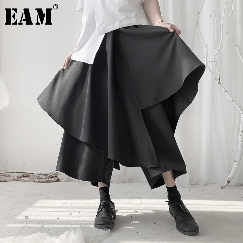

[EAM] High Elastic Waist Black Split Layers Wide Leg Trousers New Loose Fit Pants Women Fashion Tide Spring Autumn 2020 19A-a541