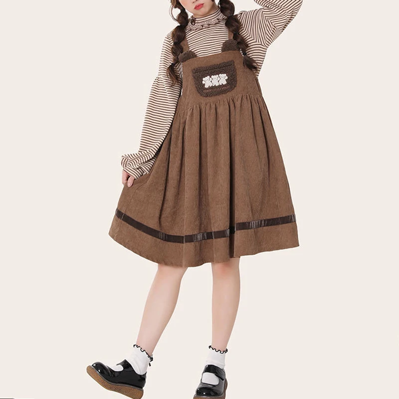 

Lovely Bear Anime Embroidery Plush Corduroy Suspender Dress Vintage Harajuku Wave Point High Waist Pleated Dress With Big Pocket