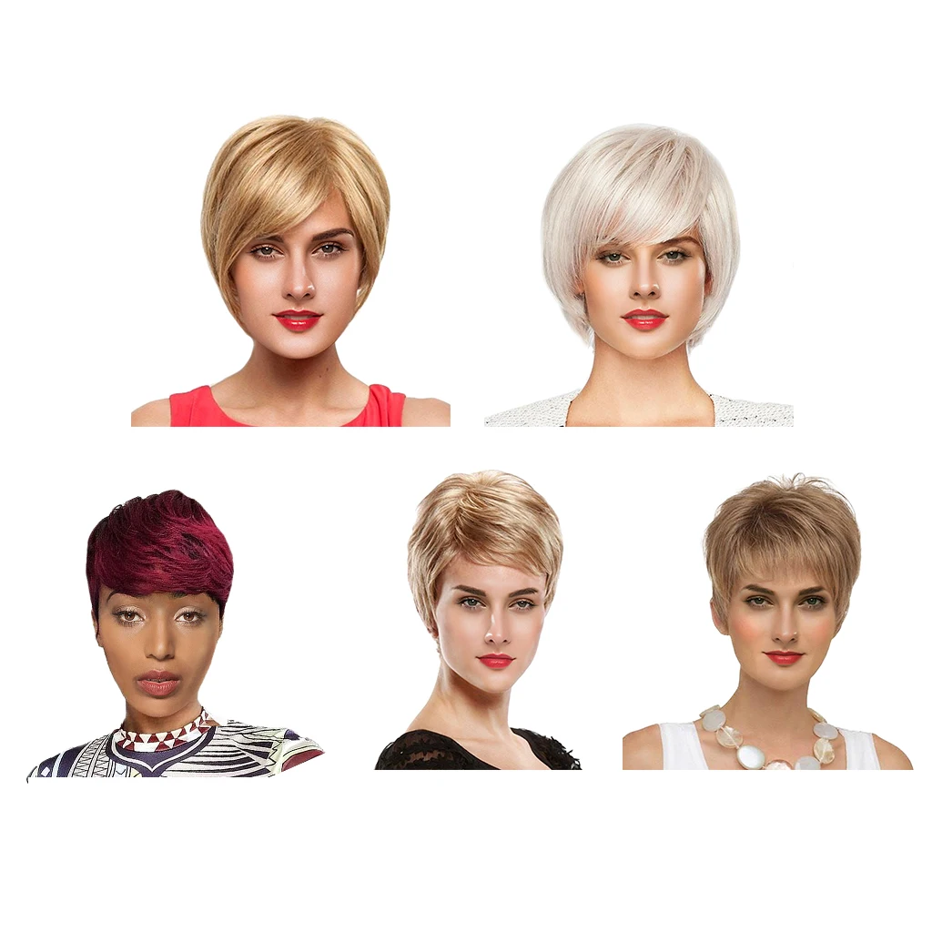 8 дюймов короткие прямые парики человеческих волос Pixie Cut шикарный парик для женщин с челкой-коричневый/винный красный/золотой/светло-Золотой/Серебряный опционально
