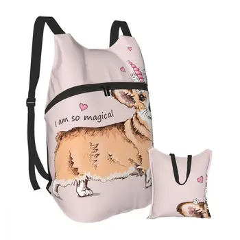 

Welsh Corgi Dog With Pink Unicorn Horn And Chamomile Flowers Portable Folding Unisex Backpack Outdoor Sport for Camping Cycling