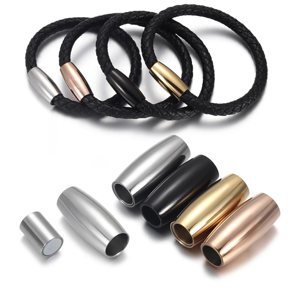 T&T Black Leather Stainless Steel Round Magnet Buckle Collar Necklace