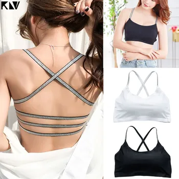 

Women Seamless Ice Silk Sports Bra Glitter Cross Strappy Beauty Back Bralette Breathable Mesh Crop Top Push Up Padded Cami Vest