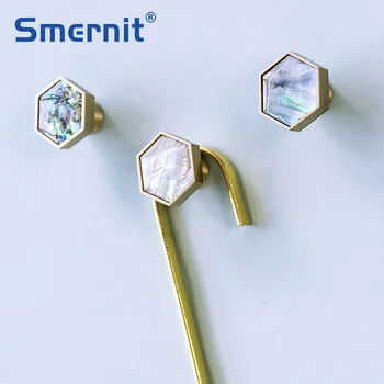 

4pcs Natural Shell + Brass Door Knobs and Handles for Kitchen Cabinet Hexagon Cupboard Furniture Handles Copper Drawer Knob Pull