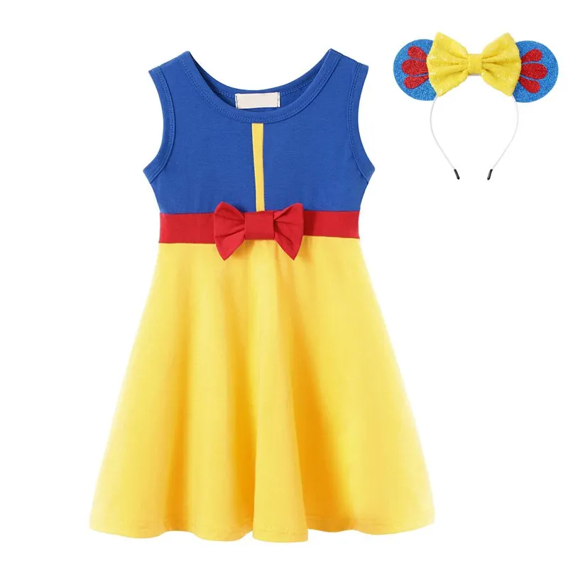 VOGUEON девочек Микки и Минни Маус Повседневное платье из хлопка с головной повязкой, летнее платье на день рождения летнее платье Рапунцель, Белль Золушка, Ариель платье принцессы - Цвет: Snow White Set
