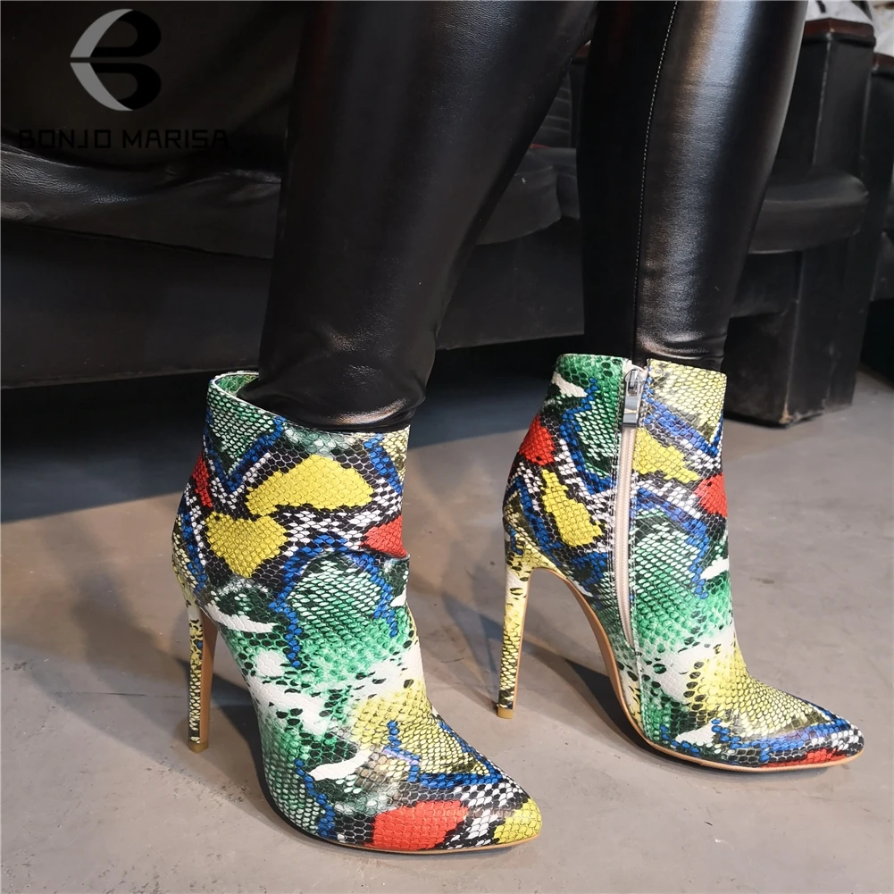 

BONJOMARISA New Plus Size 35-47 Trendy Colorful Snake Veins Booties Ladies High Heels Ankle Boots Women 2020 Party Shoes Woman