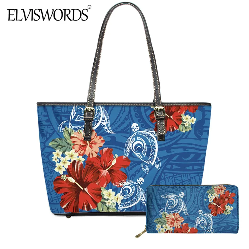 

ELVISWORDS Women's 2PCS Set PU Handbag and Purse Hawaii Plumeria Hibiscus Pattern Ladies Durable Leather Tote Large Capacity