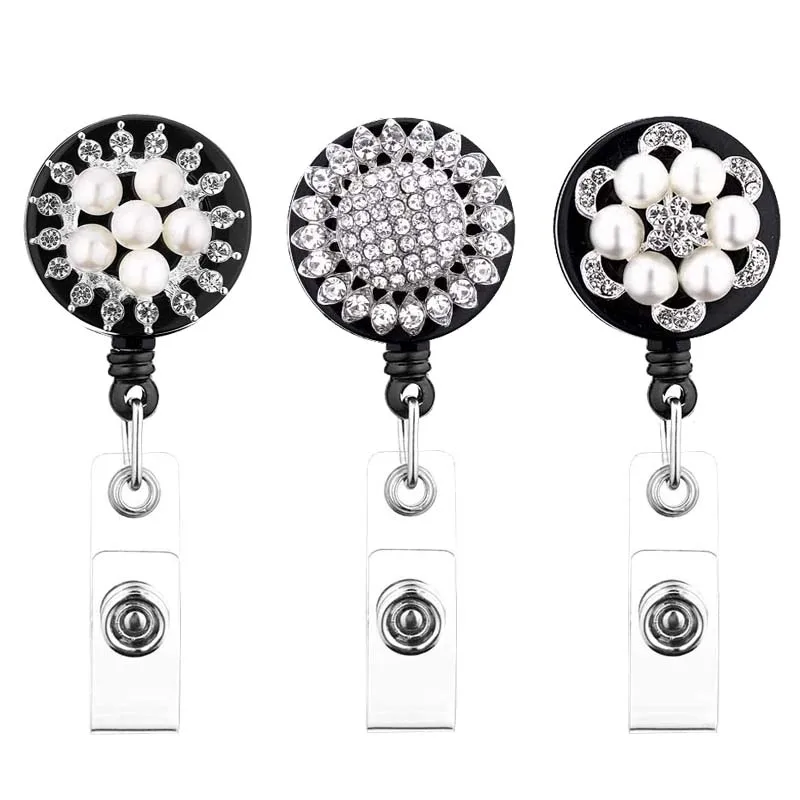 

Crystal Pearl 3 Pack Retractable Badge Reel Holder for Nurse Cord Bling Crystal ID Badge Holder with Belt Clip