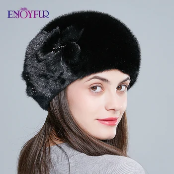 

ENJOYFUR fashion fur berets 100% real mink fur hats for women winter floral shape fur high quality caps