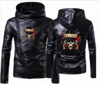 

Men's Guns N Roses leather hooded jacket punk England diagonal hooded leather locomotive car motorcycle bicycle leather jack