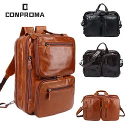 Sac à main pour ordinateur portable 15.6 pouces, sac à dos en cuir de vache, cire d'huile, pour homme, multifonctionnel, mallette d'affaires, fourre tout pour ordinateur portable 