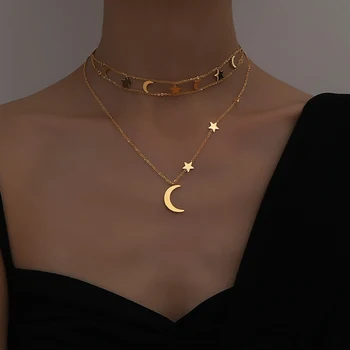 Peri'sBox Small Crescent Moon And Stars Necklaces Hollow Double Layer Chain Choker Necklaces Unusual Statement Boho Sea Necklace