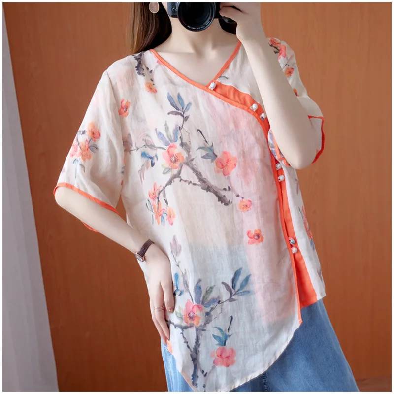 LZJN Women Mori Girl Casual Retro Floral Blouse Shirts Tops Cotton Linen Chinese Qipao Side Split Short Sleeve