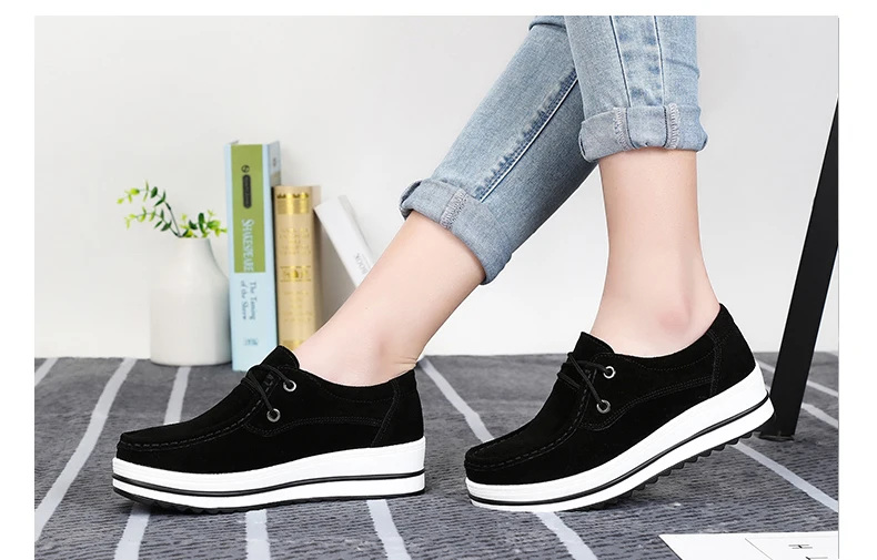 19 New Women Flat Platform Shoes Genuine Leather Ladies Flatform Shoes Lace Up Loafers Shoes Woman Heigh Increasing Shoes