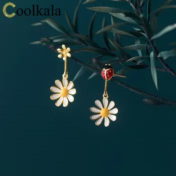 

Coolkala silver fresh daisy cute asymmetric beetle style sweet summer earrings